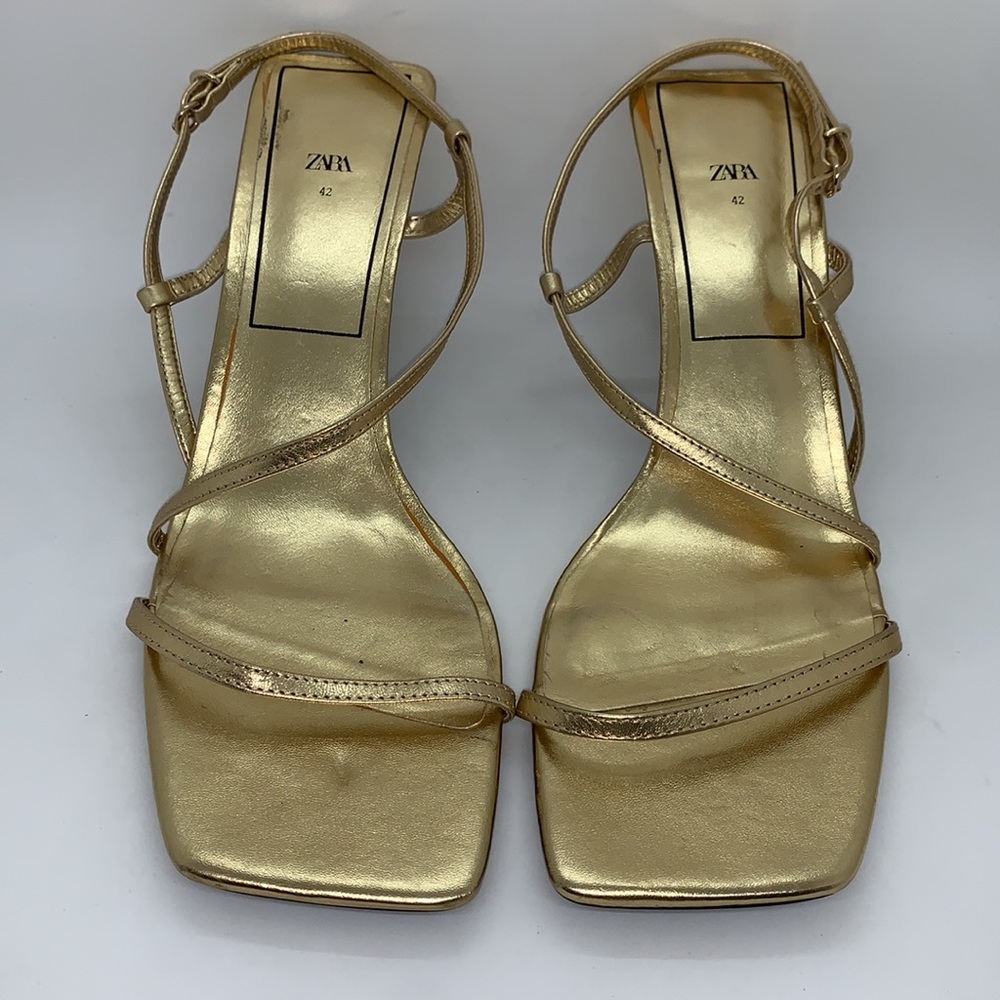 Zara Strap Sandals Gold 42 Kitten Heel Sandals Slip On Square Toe Wedding Prom - Picture 2 of 13